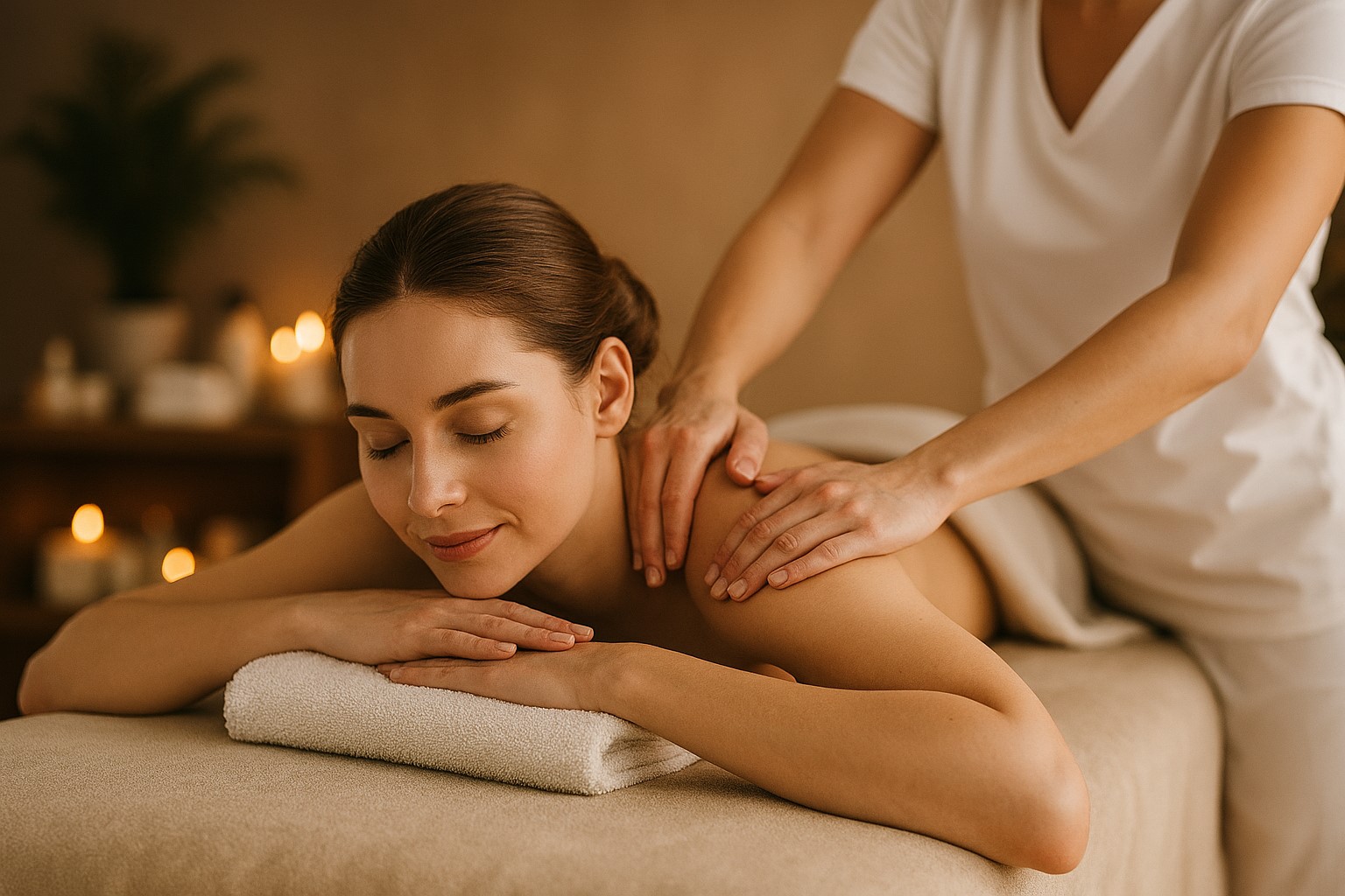 Woman receiving a relaxing massage in a serene spa setting